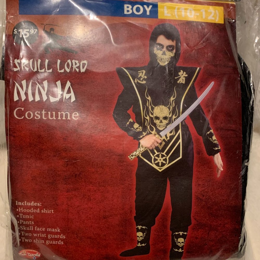 Skull Ninja Child Halloween Costume Outfit Black Gold Size Large 10-12